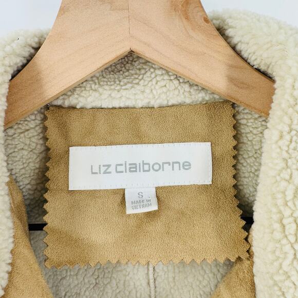 Vintage Liz Claiborne Camel Faux Shearling Fleece Lined Button Front Coat Size S - Picture 3 of 11